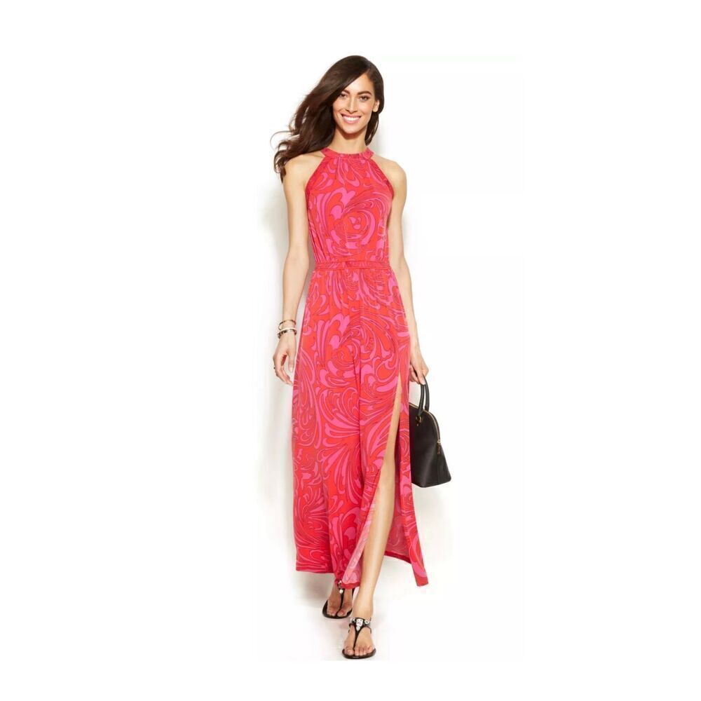 MICHAEL KORS Cynthia Paisley Halter Maxi Dress Radiant Pink Size 1X